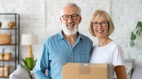 Happy Senior Couple Holding Cardboard Box in Modern Living Room - Moving Day Joy photo