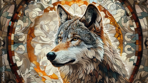 Intricate Stained Glass Art of a Majestic Wolf with Detailed Patterns and Vibrant Colors photo