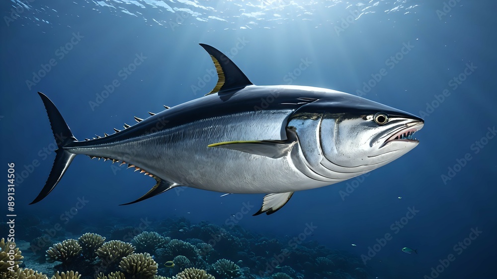 Obraz premium A large tuna fish swims through the blue ocean water, sunlight streaming down from above.
