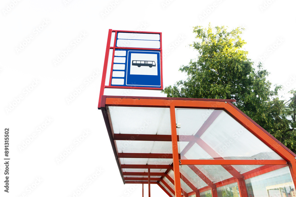 Bus stop background. Bus ticket prices rising. Cost of public transport. Red construction isolated on tree. Bus number information. Public park transportation. Various numbers of lines. Bus stop background. Bus ticket prices rising. Cost of public transport. Red construction isolated on tree. Bus number information. Public park transportation. Various numbers of lines.