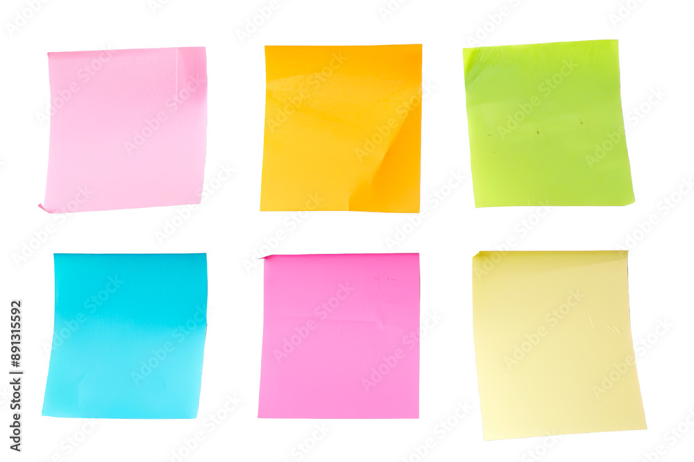 6 Multicolored blank sticky isolated in a grid formation on a cutout PNG transparent background