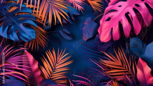 Vibrant Tropical Leaves in Neon Colors with Dark Background. Modern Botanical Art © Oleg