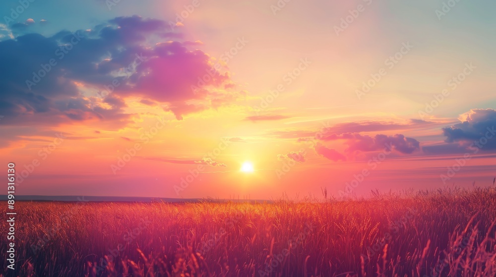 Lush Field of Wheat at Golden Hour with Vibrant Sunset and Dramatic Clouds Lush Field of Wheat at Golden Hour with Vibrant Sunset and Dramatic Clouds