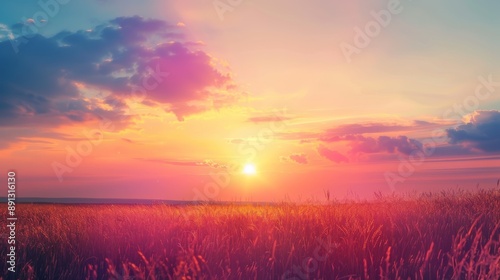 Lush Field of Wheat at Golden Hour with Vibrant Sunset and Dramatic Clouds