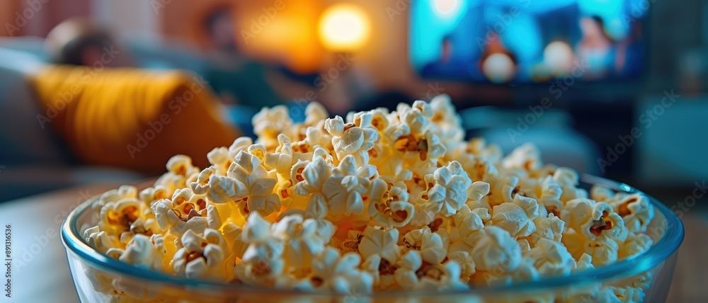 Close-Up of a Bowl of Popcorn with People Watching TV in the Background, Cozy Living Room Setting, Warm Lighting, Perfect for Movie Night or Relaxation Themes Close-Up of a Bowl of Popcorn with People Watching TV in the Background, Cozy Living Room Setting, Warm Lighting, Perfect for Movie Night or Relaxation Themes