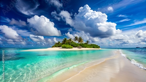 Small tropical island with palm trees surrounded by turquoise water