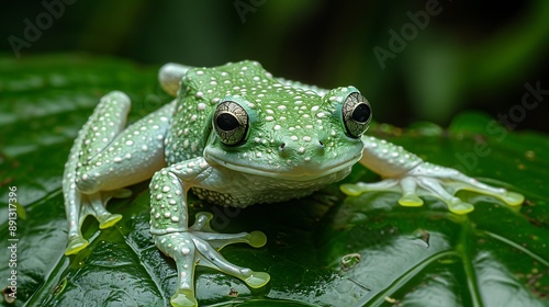 Slender Tree Frog Osteocephalus taurinus sitting on a leaf in the Amazon rainforest known locally as Rdearbusto photo