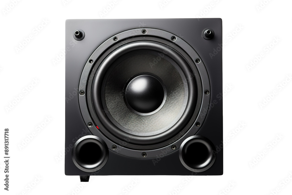 A Black Subwoofer Speaker Ready to Deliver Powerful Bass on a Clear PNG or White Background. A Black Subwoofer Speaker Ready to Deliver Powerful Bass on a Clear PNG or White Background.