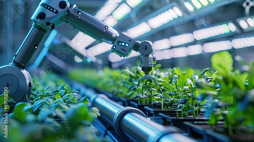A robotic arm delicately tending to rows of vibrant green plants in a futuristic hydroponic farm