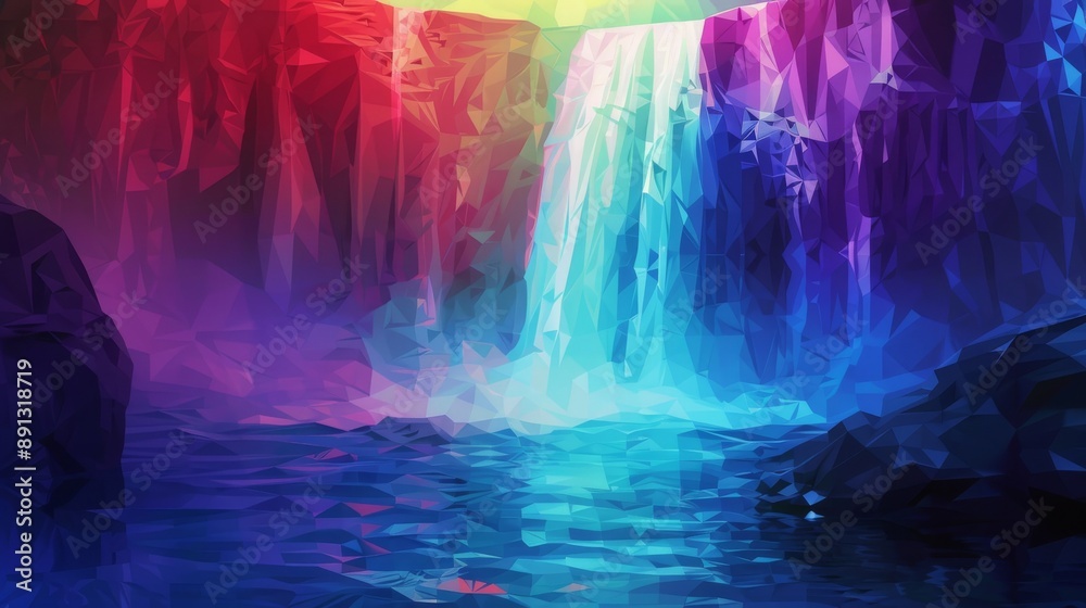 Vibrant Abstract Polygonal Waterfall Art with Rainbow Colors and Tranquil Water Vibrant Abstract Polygonal Waterfall Art with Rainbow Colors and Tranquil Water