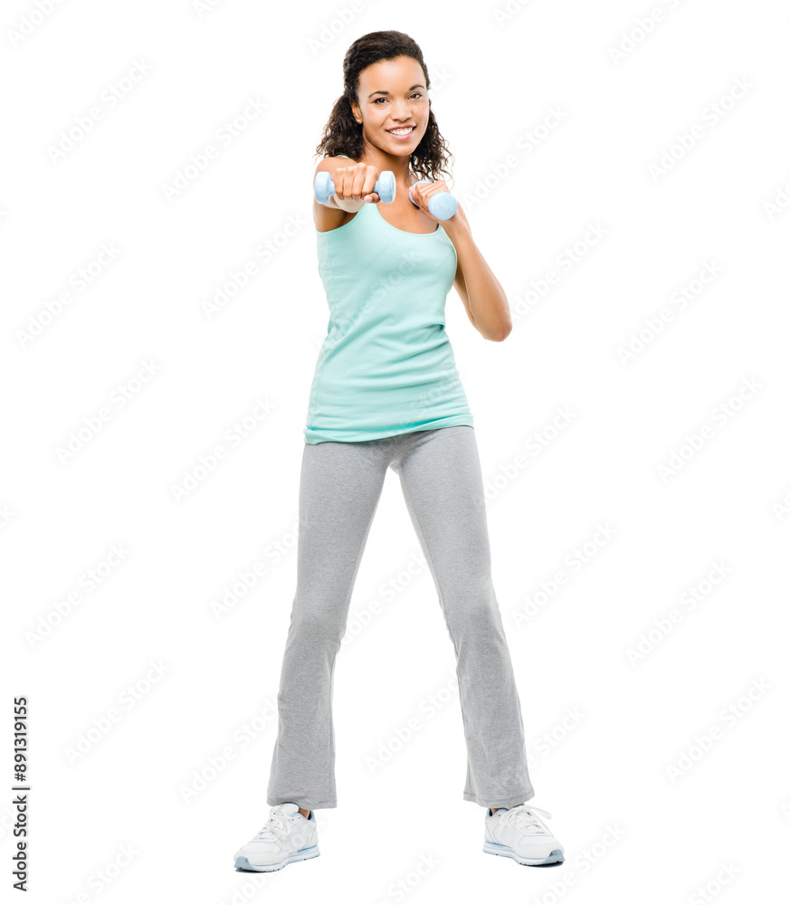 Girl, dumbbells and portrait for strength training in studio, weightlifting and exercise on white background. Female person, bodybuilder and fitness for health, strong and power for workout muscle Girl, dumbbells and portrait for strength training in studio, weightlifting and exercise on white background. Female person, bodybuilder and fitness for health, strong and power for workout muscle