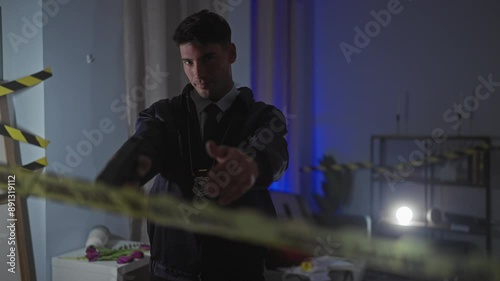 A young hispanic man in police uniform holds a gun, investigating a dark indoor crime scene. photo