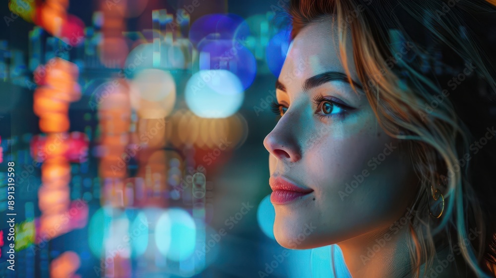 A woman with blonde hair gazes thoughtfully at a cityscape with colorful lights.  Her expression is contemplative and her eyes are filled with wonder.