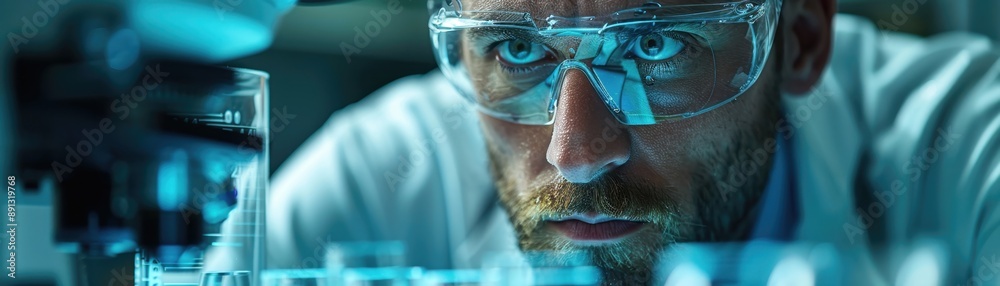 Focused scientist in a laboratory wearing safety goggles, conducting a detailed experiment with advanced technology equipment. Focused scientist in a laboratory wearing safety goggles, conducting a detailed experiment with advanced technology equipment.