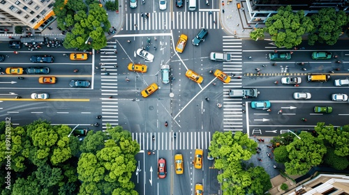 A busy city scene with a focus on technological elements like computer circuits and electronic components