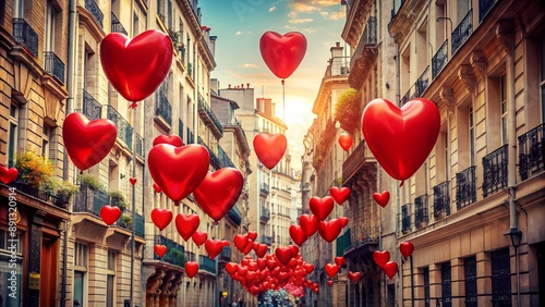 Fototapeta Naklejka Na Ścianę i Meble -  Red heart shaped balloons floating over a picturesque street in paris