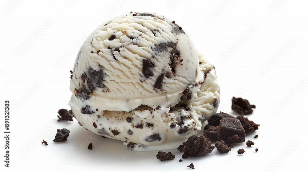 Fototapeta premium Close-up of a creamy scoop of cookies and cream ice cream, dotted with rich chocolate chunks, isolated on a white background. The perfect treat for any dessert lover
