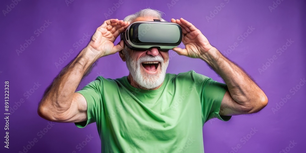 Senior man experiencing virtual reality with joyful expression Senior man experiencing virtual reality with joyful expression