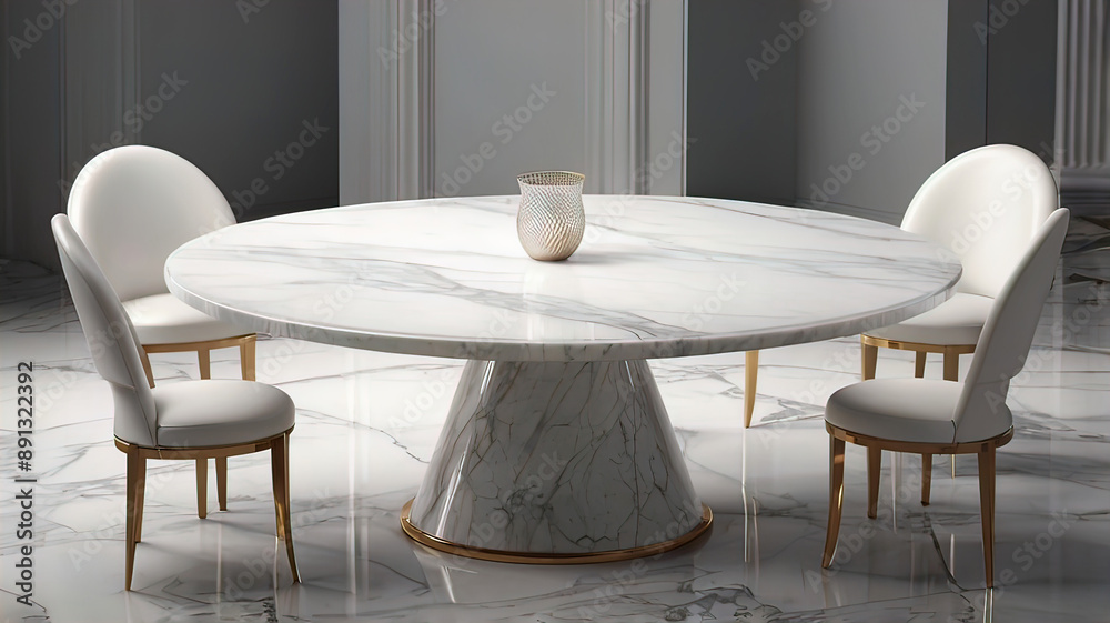 Round table with white marble top with chairs around the table Round table with white marble top with chairs around the table