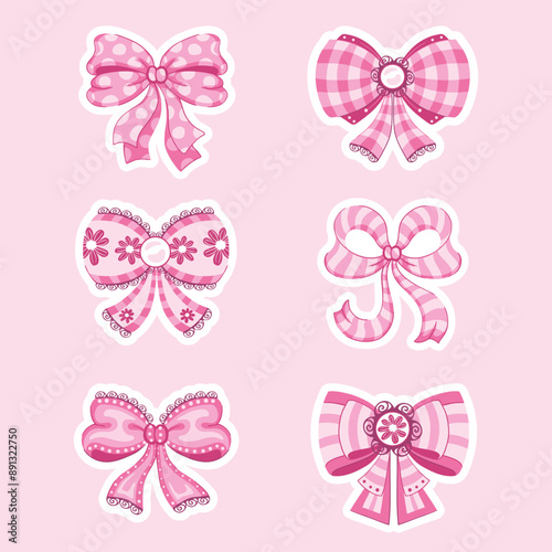 Cute little girly coquette pink bows and ribbons illustration set. Isolated vector designs suitable for stickers and T-shirts.