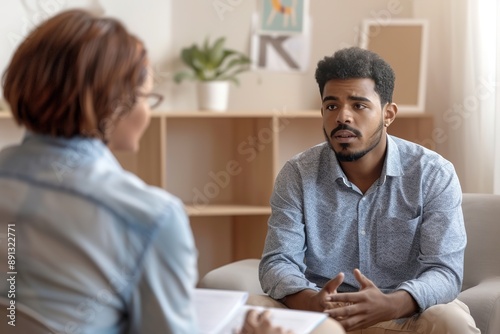 Man talks to therapist in cozy room, showing emotional vulnerabi © Larisa