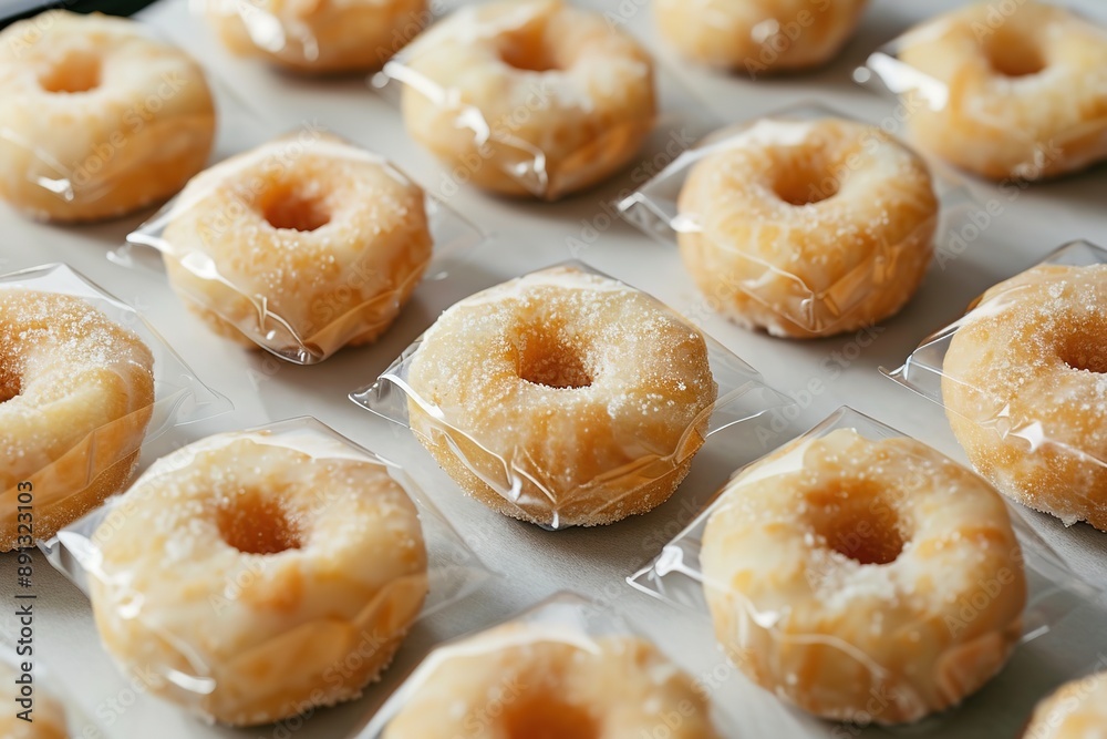 Packaged mochi doughnuts with sugar glaze, ready for sale Packaged mochi doughnuts with sugar glaze, ready for sale