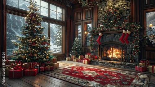 Christmas scene with a beautifully decorated tree, presents, and a cozy living room with a fireplace and stockings.