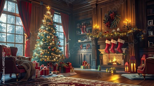 Christmas scene with a beautifully decorated tree, presents, and a cozy living room with a fireplace and stockings.