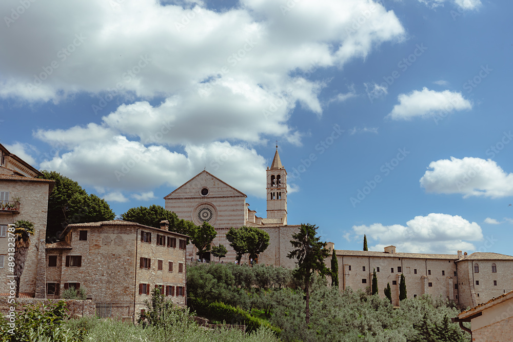 View of the basilica of Santa Chiara in Assisi, Italy