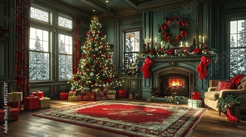 Christmas scene with a beautifully decorated tree, presents, and a cozy living room with a fireplace and stockings.