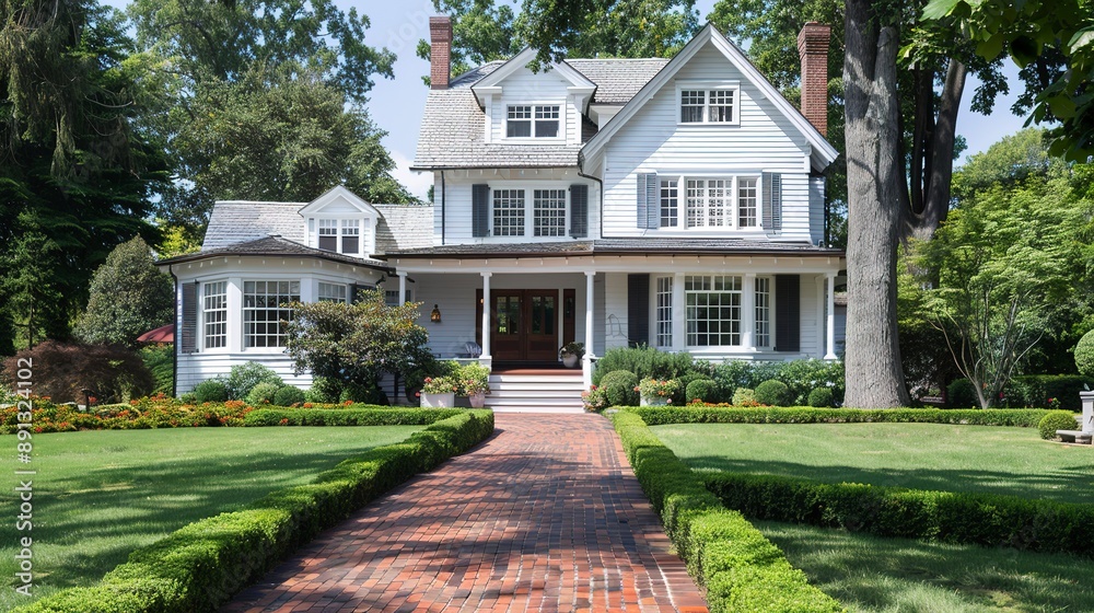 Classic white clapboard house with the red brick sidewalk. 