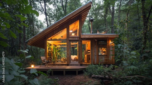 tiny house design in the woods. small wooden cabin house
