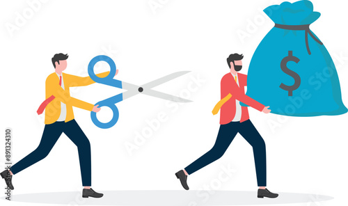 Businessman holding big scissors chasing companion holding money bag

