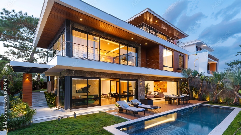 Modern house building with roof in the evening Modern house building with roof in the evening
