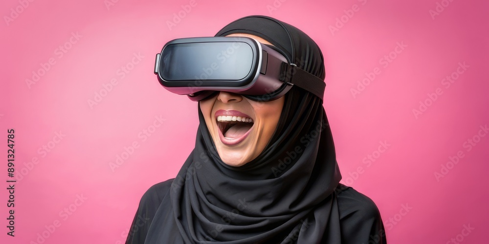Arab young woman experiencing virtual reality with joyful expression Arab young woman experiencing virtual reality with joyful expression