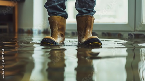 Man's feet with rubber boots standing in a flooded house 