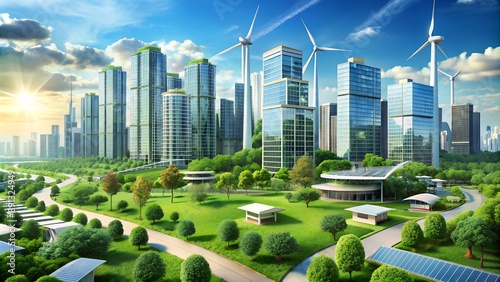 Fototapeta Naklejka Na Ścianę i Meble -  Modern sustainable city combining nature and green energy technologies