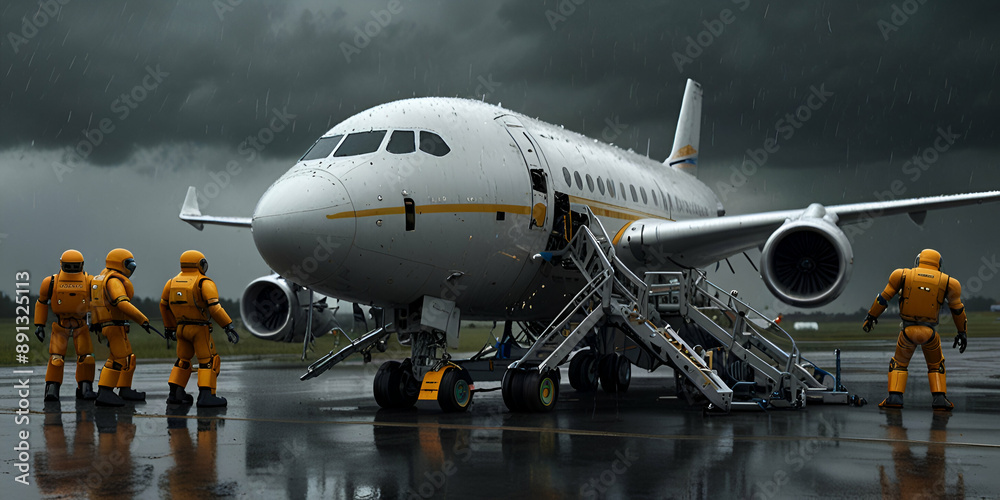 Obraz premium Robots Repairing Outside Engine of Luxurious Airplane in Heavy Rainstorm