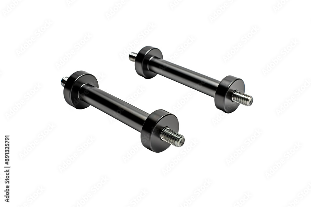 A Pair of Black Metal Dumbbell Handles For Strength Training on a Clear PNG or White Background. A Pair of Black Metal Dumbbell Handles For Strength Training on a Clear PNG or White Background.