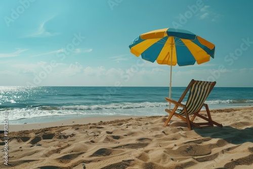 A vibrant beach umbrella and wooden chair sit on a sunlit sandy beach with the vast ocean stretching into the horizon under a bright and clear sky.