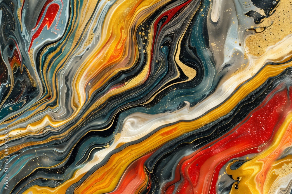 Fototapeta premium An intricate fluid art piece featuring bold yellow and red accents amidst swirling patterns, offering a striking and energetic visual experience with captivating depth.