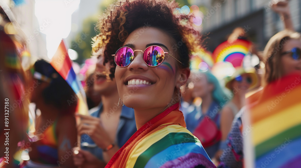 A joyful scene of a diverse group celebrating at a LGBTQ Pride parade, with vibrant flags A joyful scene of a diverse group celebrating at a LGBTQ Pride parade, with vibrant flags