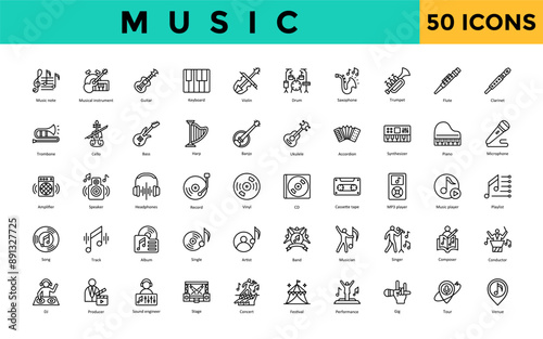 Music icon set with music note, musical instrument, guitar, keyboard, violin, drum, saxophone, trumpet, flute, clarinet icon. Simple line vector 
