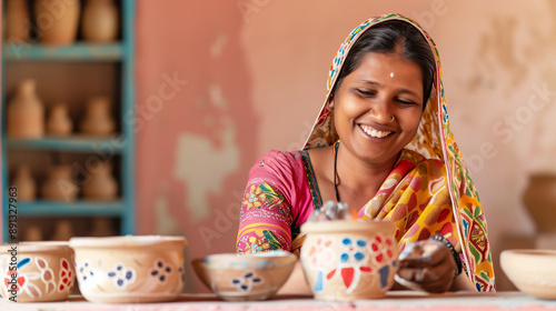 Smiling Indian woman in traditional attire, painting intricate designs on pottery in a well-lit room with a light pink background