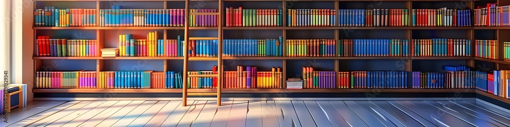 An artistic portrayal of a library corner, with shelves brimming with colorful books and a vintage wooden ladder against a minimalist backdrop. An artistic portrayal of a library corner, with shelves brimming with colorful books and a vintage wooden ladder against a minimalist backdrop.