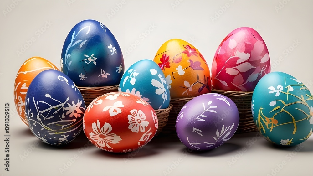 A set of colorful, hand-painted Easter eggs in a basket with a translucent background cutout in a PNG file. several distinct designs. Template mockup for designing artwork A set of colorful, hand-painted Easter eggs in a basket with a translucent background cutout in a PNG file. several distinct designs. Template mockup for designing artwork