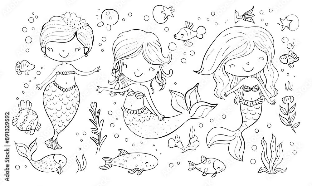 outline illustration mermaids outline illustration mermaids
