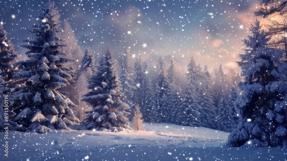 Snow-covered pine forest with a clear, starry night sky
