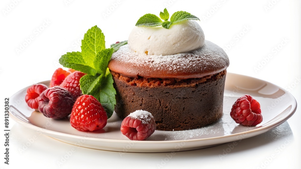 Delicious chocolate lava cake with whipped cream and raspberries on white background Delicious chocolate lava cake with whipped cream and raspberries on white background