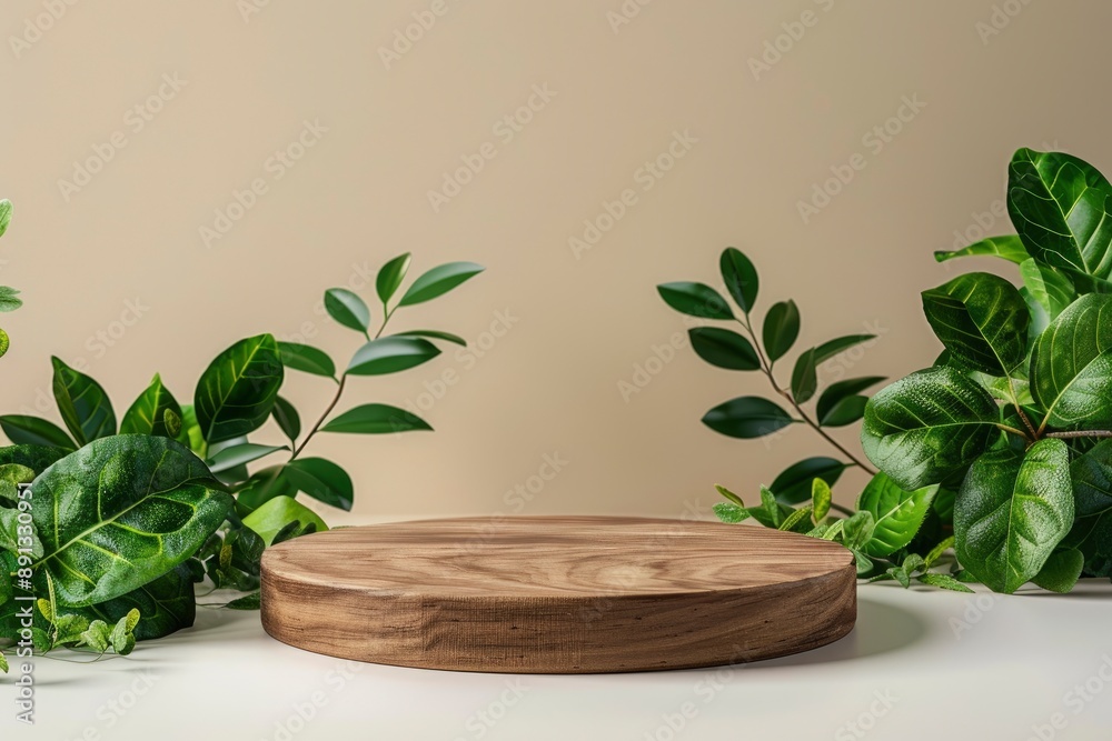 Wood podium with green leaves and natural stones. Abstract podium for organic cosmetic products. Natural stand for presentation and exhibitions. Front view - generative ai Wood podium with green leaves and natural stones. Abstract podium for organic cosmetic products. Natural stand for presentation and exhibitions. Front view - generative ai